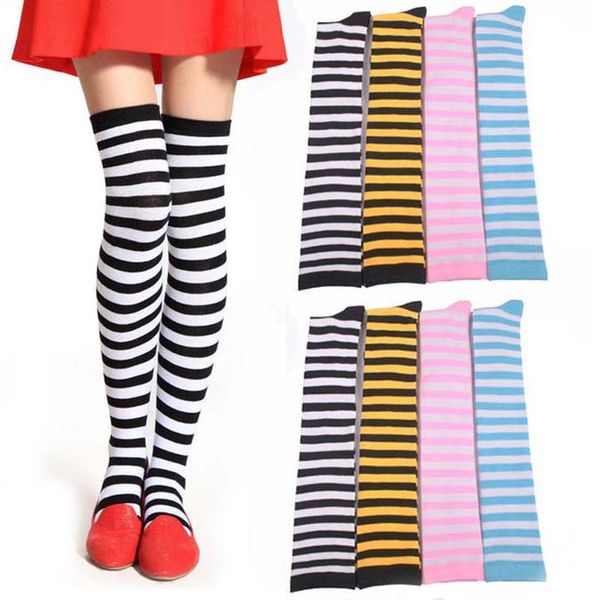 girls classic striped knee high socks lacrosse long socks ladies thigh high christmas halloween cosplay wear, Pink;yellow
